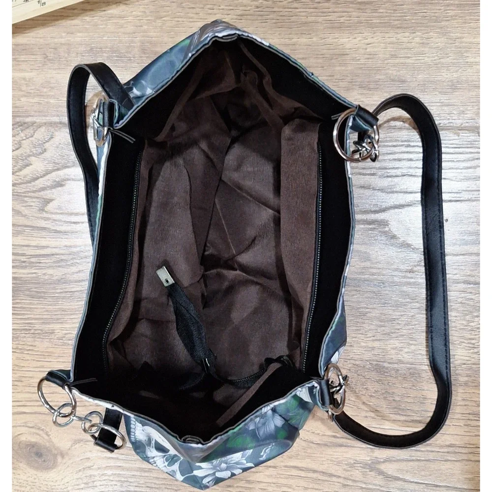 Fashion Purse Black Tote Bag with White Skulls and Green Floral Design